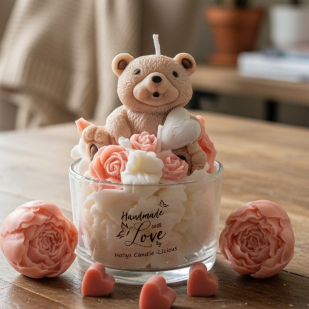 Handmade Cream & Peach Bear Floral Candle